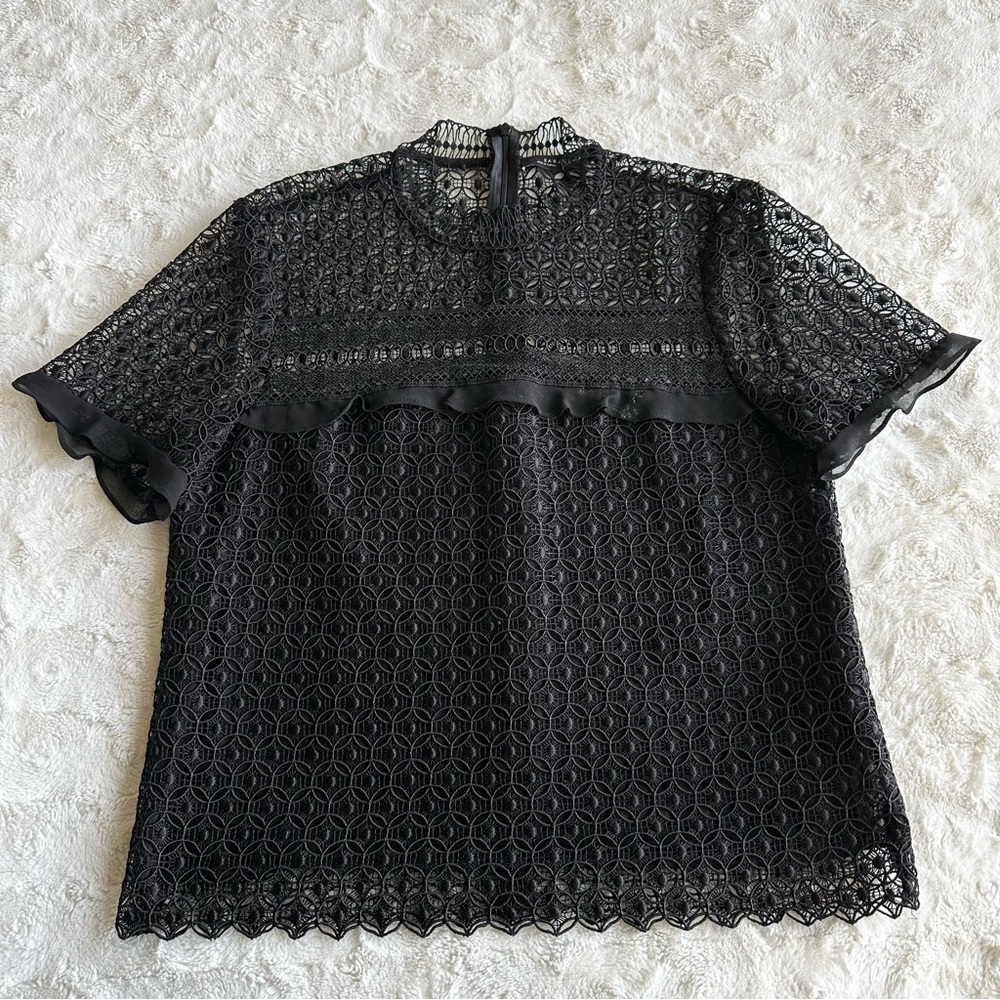 Zara Blouse Shirt Womens Large Black Lace Sheer Guipere Grunge Goth Ruffle Party